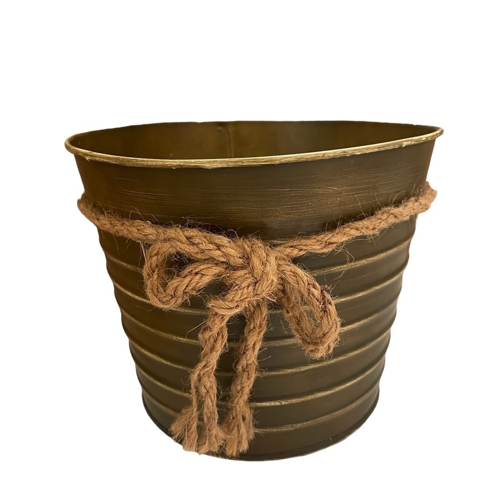 Brown Metal Ribbed Bucket with Rope Bow Fall Home Decor - Picture 2 of 7